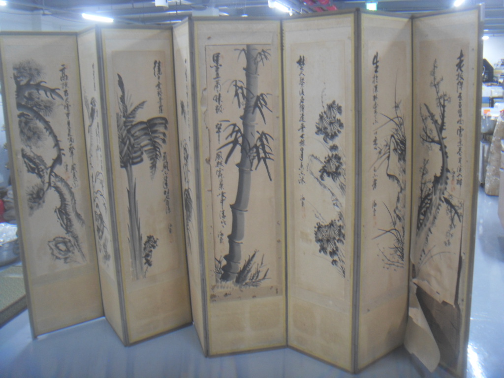 세호마트 오래된 8폭 수묵화 그림 병풍 낡음 수집용 경남양산서창
